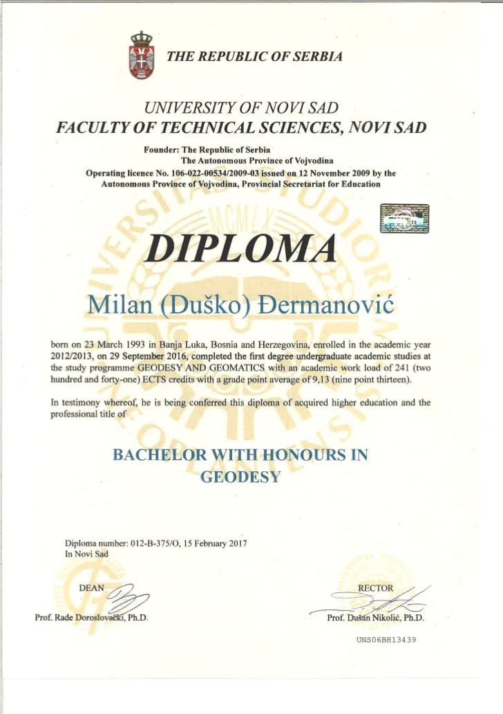 Diploma iz geodezije: Milan Đermanović, Fakultet tehničkih nauka, Univerzitet u Novom Sadu